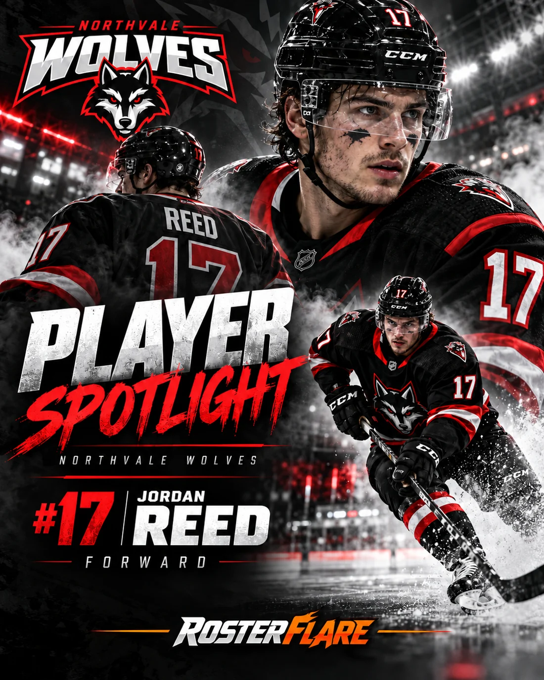 Concept player spotlight graphic for the fictional Northvale Wolves hockey team